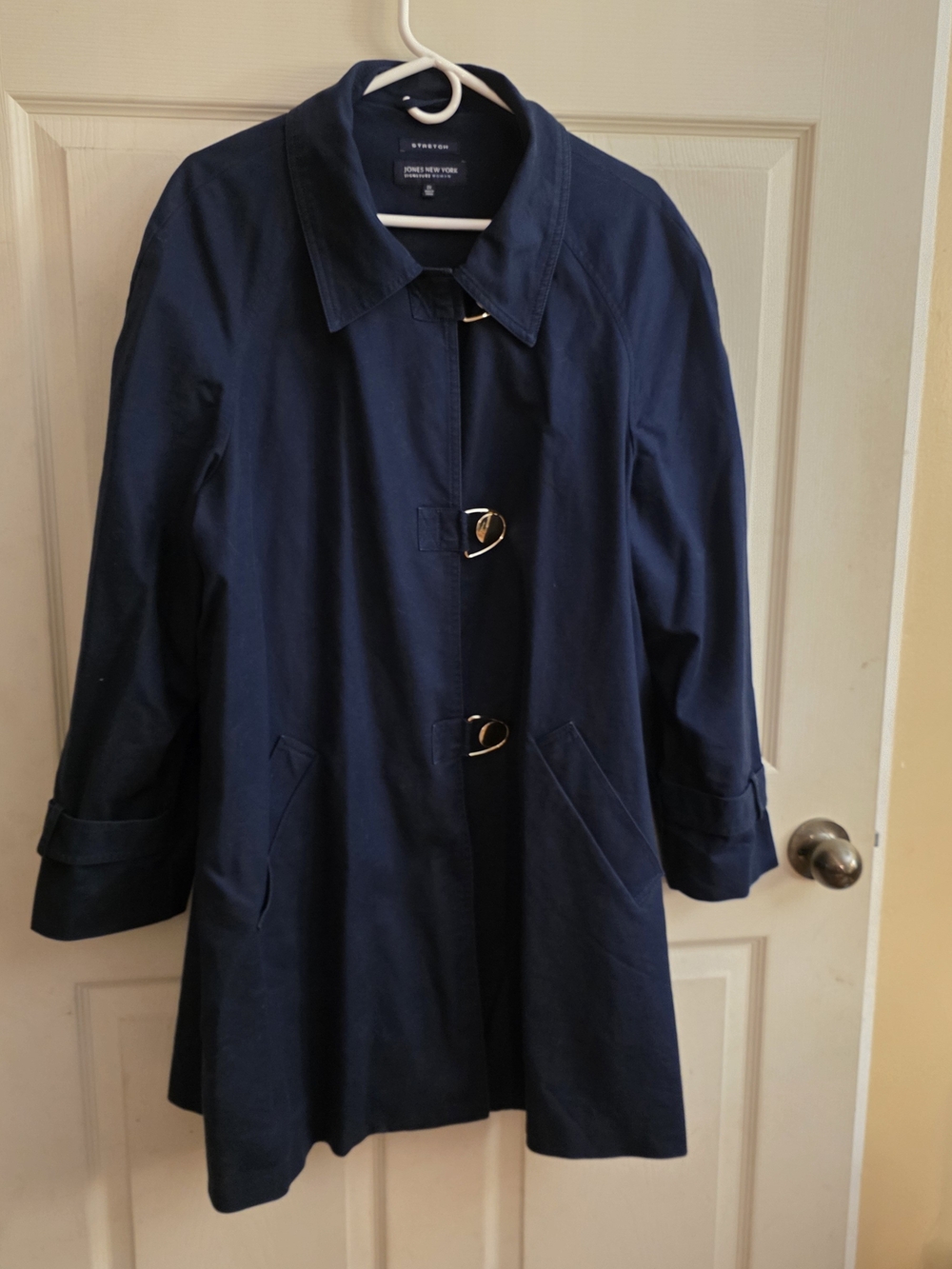 Jones New York Dark Navy Trench Coat with Gold Toggle Details